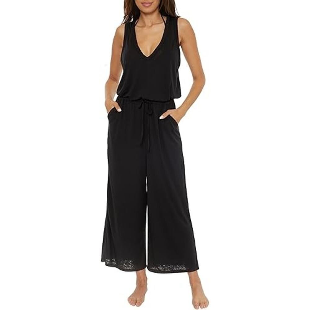 Becca Beach Date Wide Leg Swim Cover-Up Jumpsuit Sleeveless Black Size L NWT